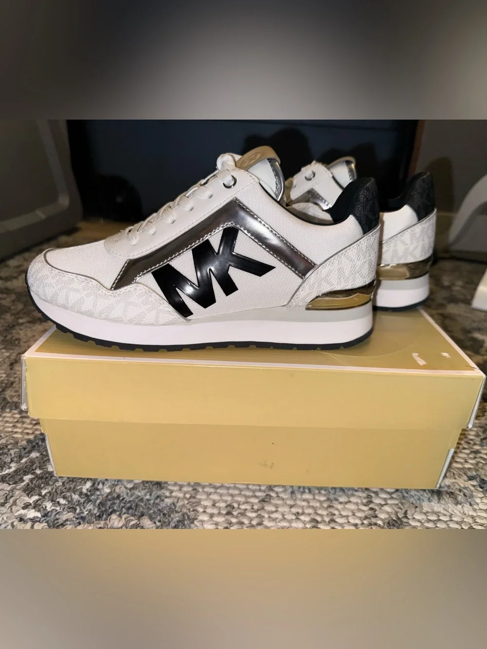 Michael Kors White, Black & Silver MK Logo Wedge Sneakers